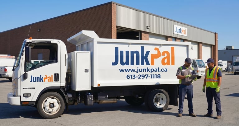 Junkpal collection truck with two workers in safety vests standing beside it at a facility